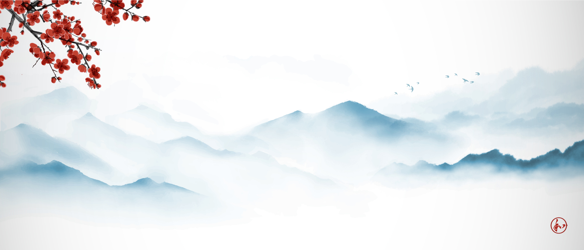 Krajobrazy japonii - niebieskie góry i drzewo