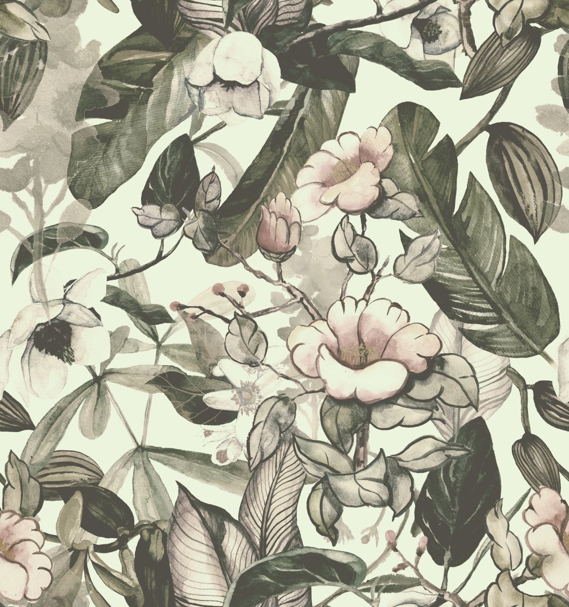 Liście i kwiaty w zgaszonej, zielonej tonacji