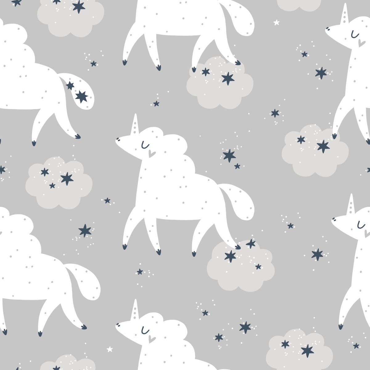 Jednorożce w chmurach na szarym tle