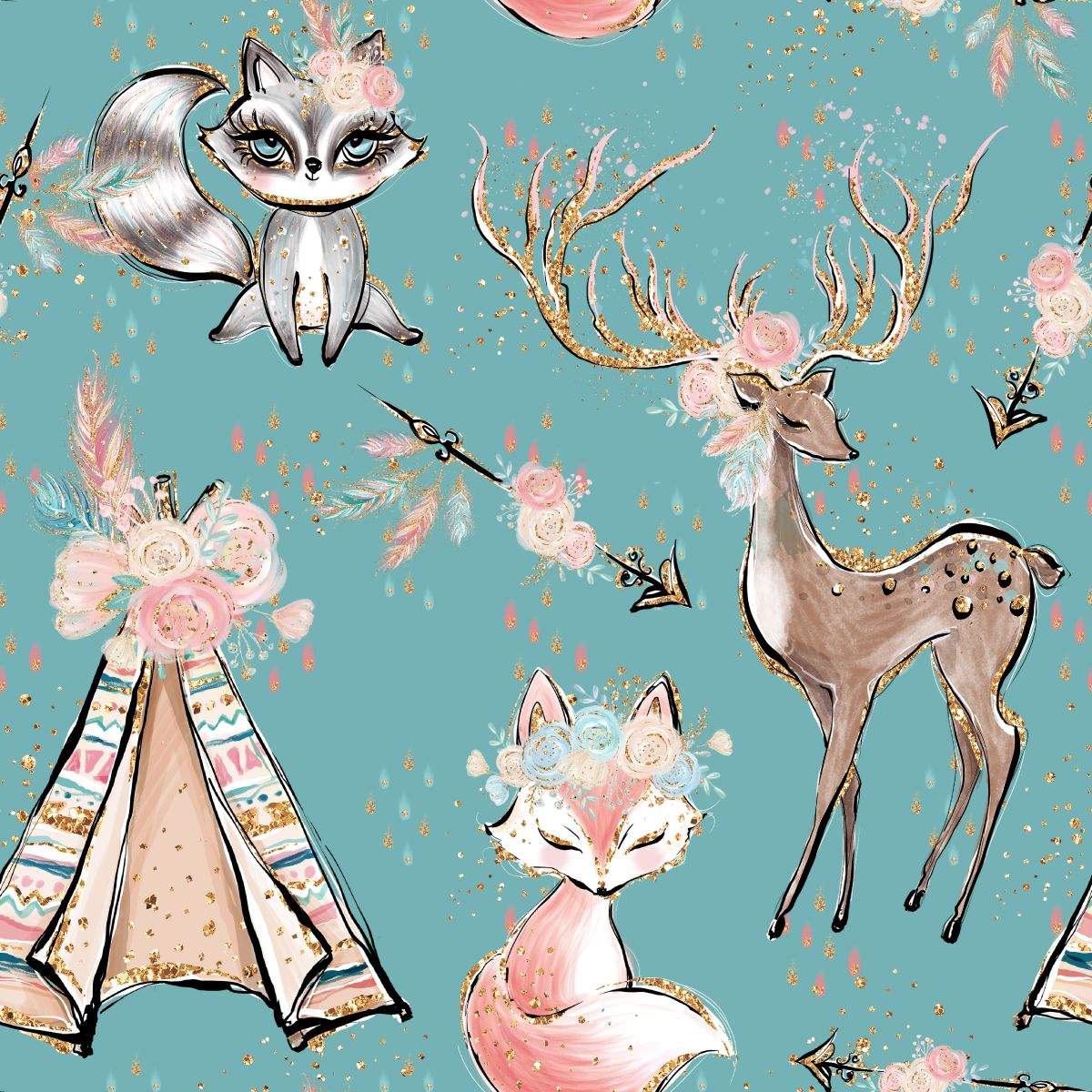 Zwierzątka boho na niebieskim tle