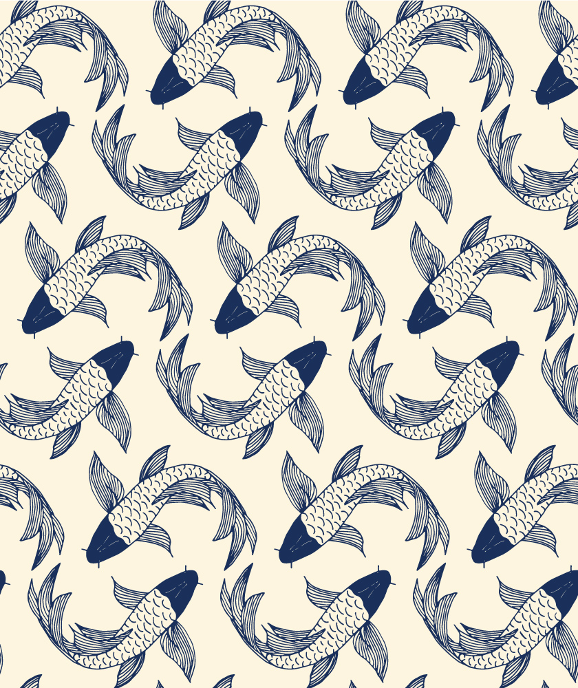 Granatowe szkice ryb na beżowym tle