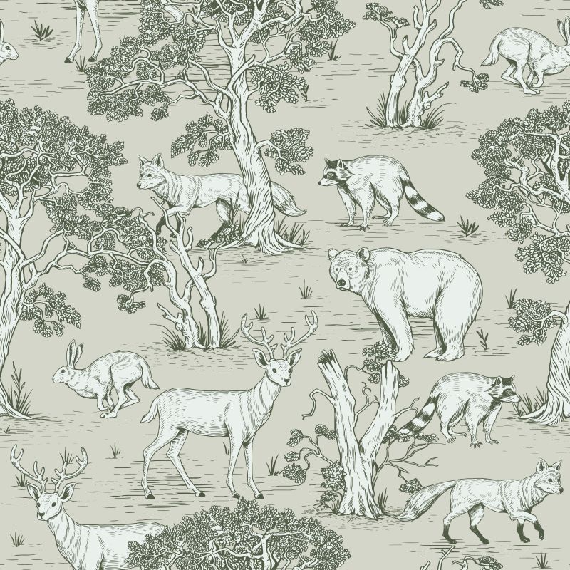 Szkic leśnych zwierząt na zielonym tle