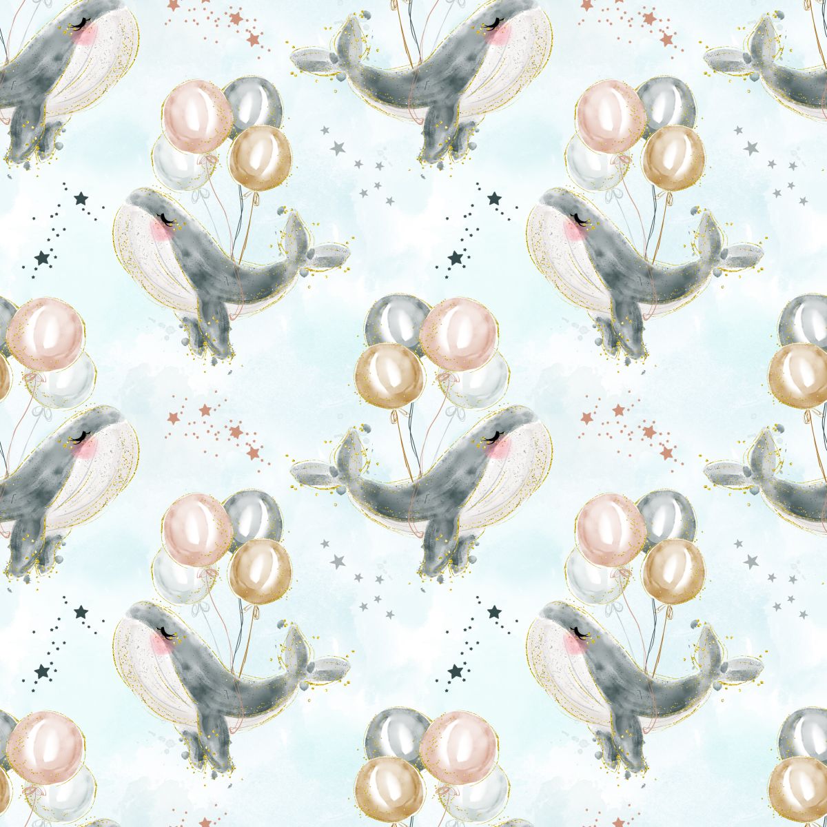 Szare wieloryby z balonami na niebieskim tle