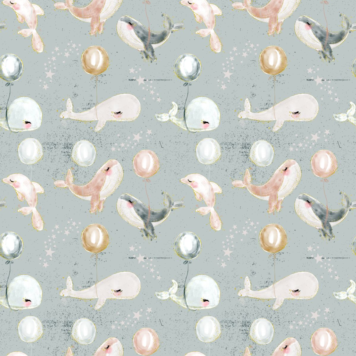 Kolorowe wieloryby z balonami na szarym tle