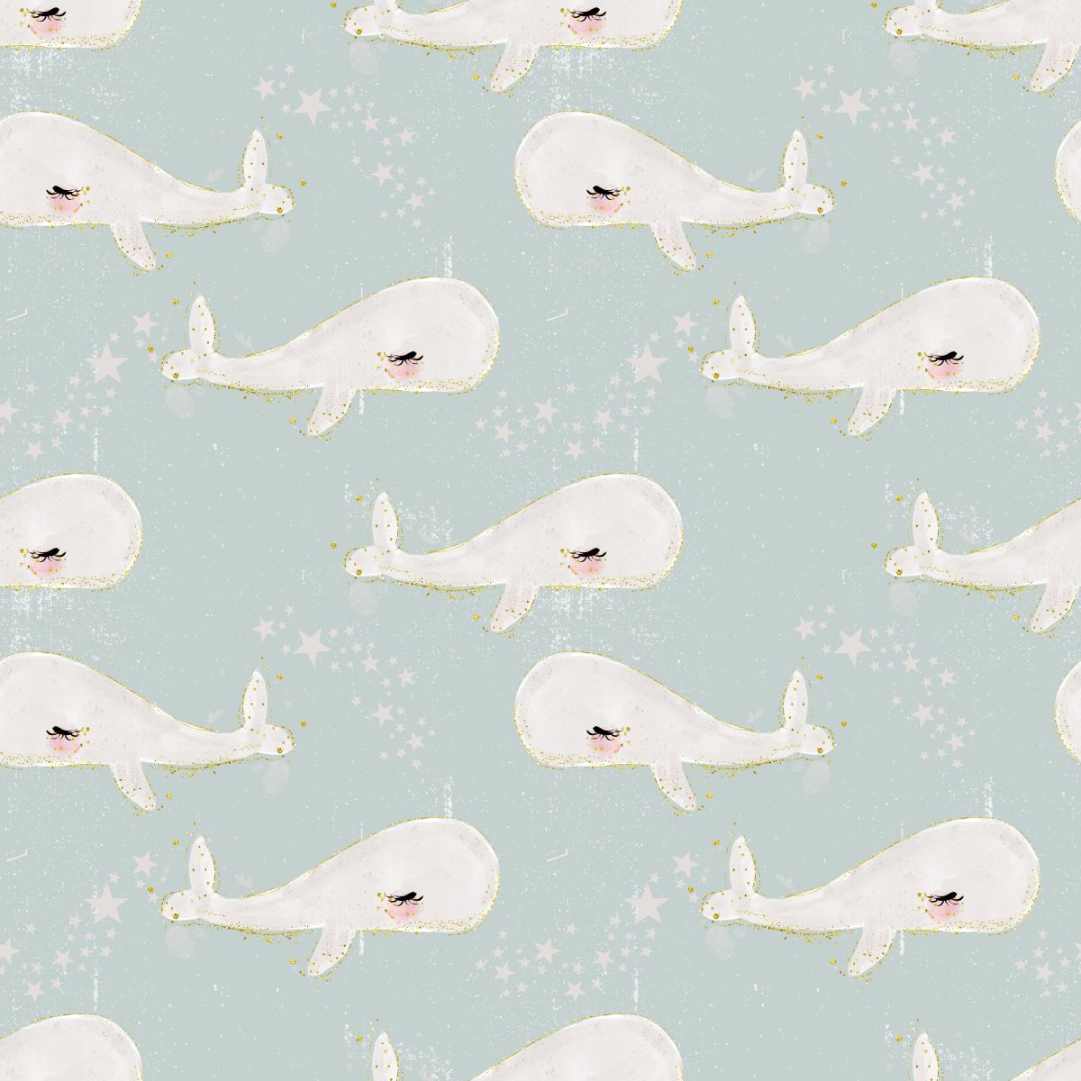 Szare wieloryby i gwiazdki na bladym tle