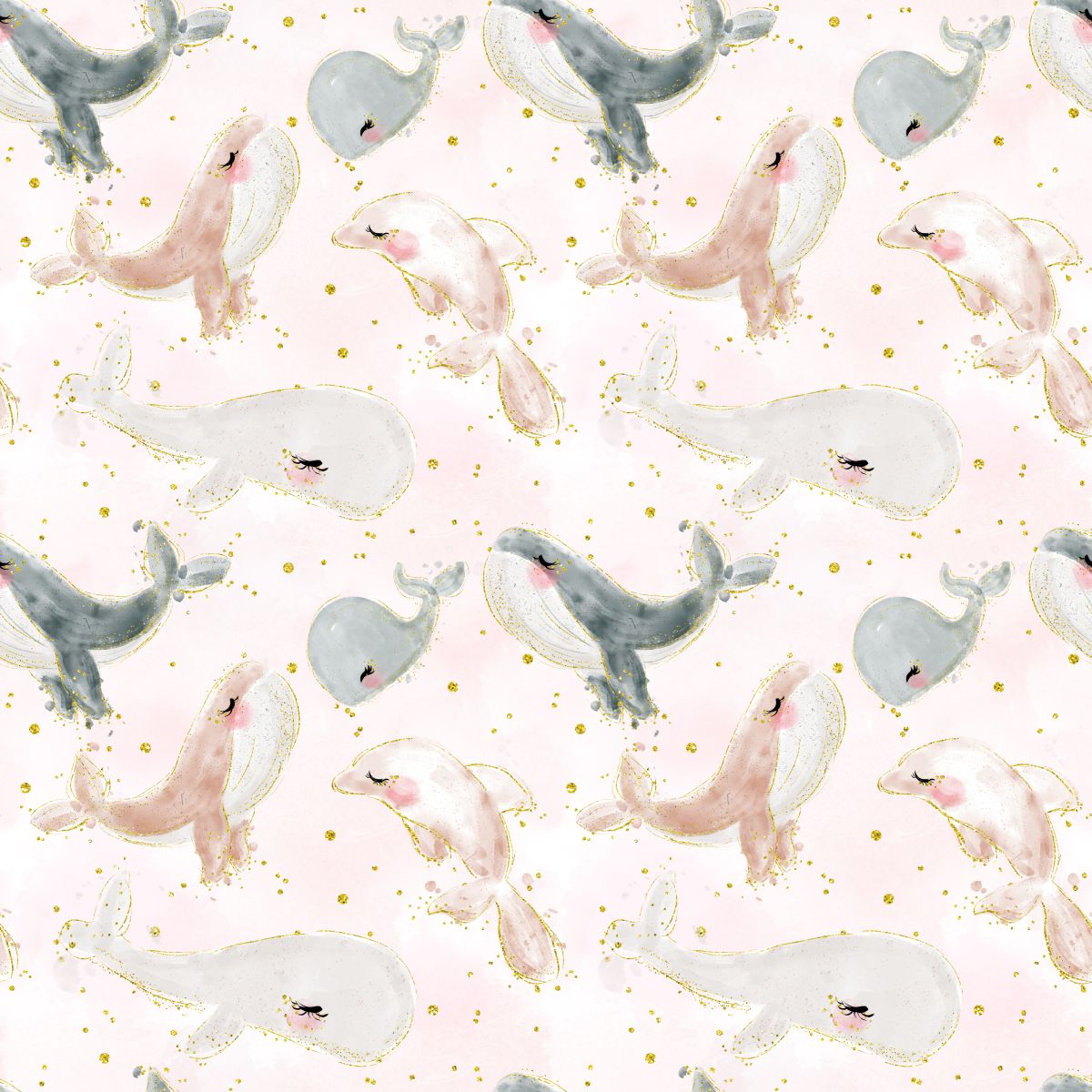 Wieloryby i brokatowe kropki na różowym tle