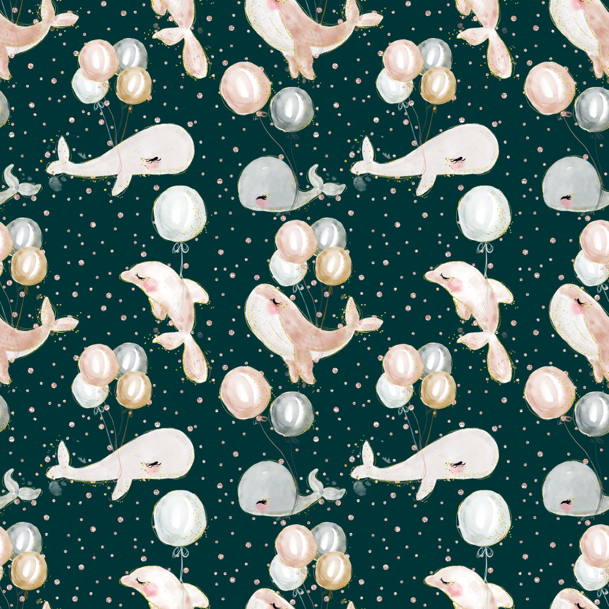 Wieloryby z balonikami na ciemnym tle