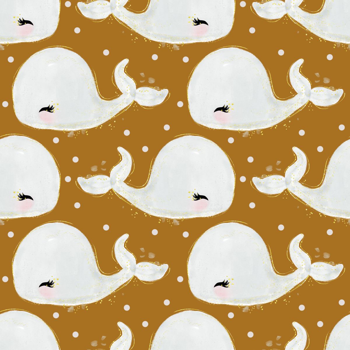 Małe wieloryby na musztardowym tle