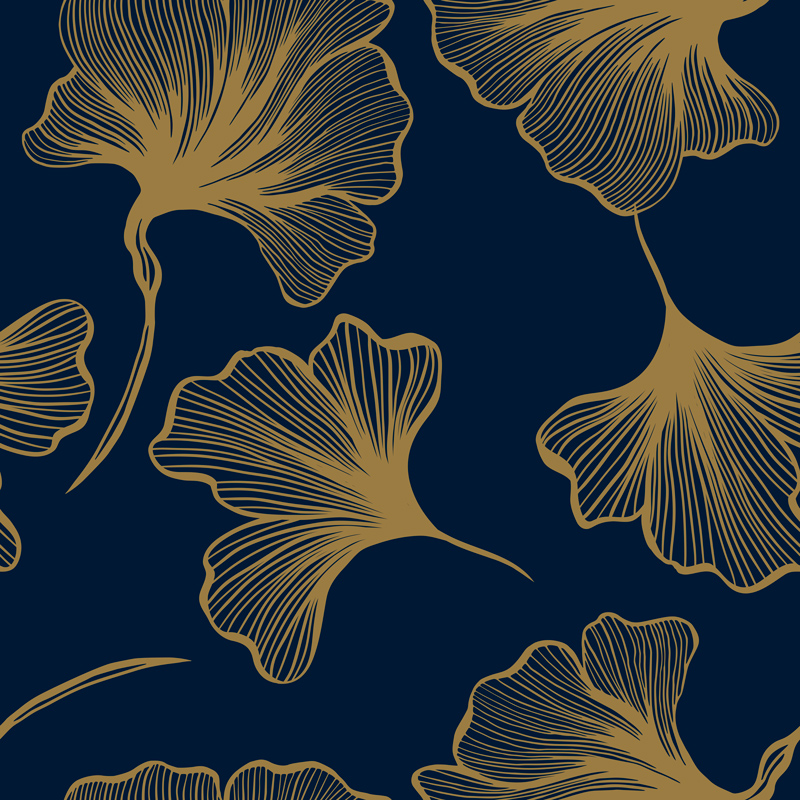 Duże, żółte liście miłorzębu na granatowym tle