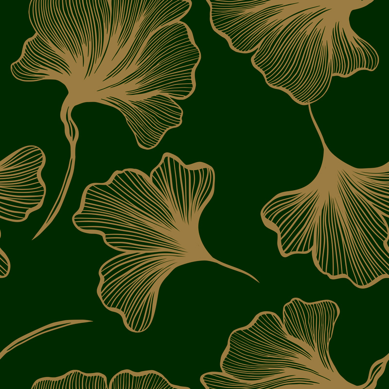 Beżowe, duże liście miłorzębu na butelkowo-zielonym tle