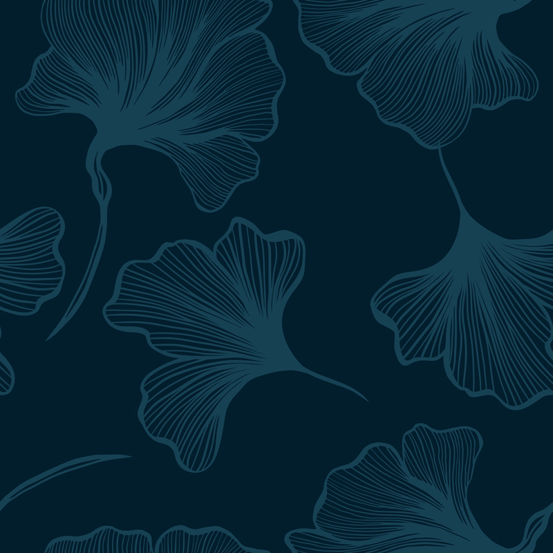 Bladoniebieskie, duże liście miłorzębu na granatowym tle