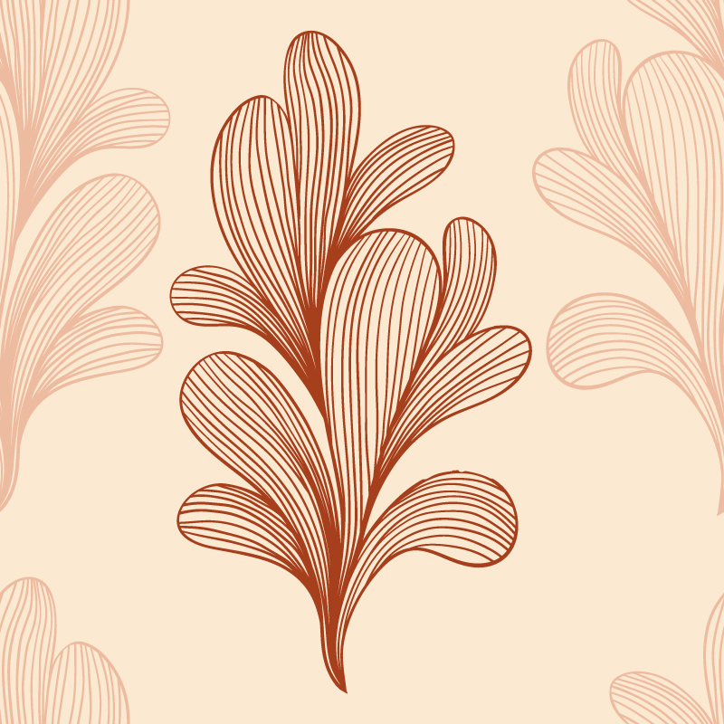 Kępki liści w dwóch odcieniach czerwieni na beżowym tle