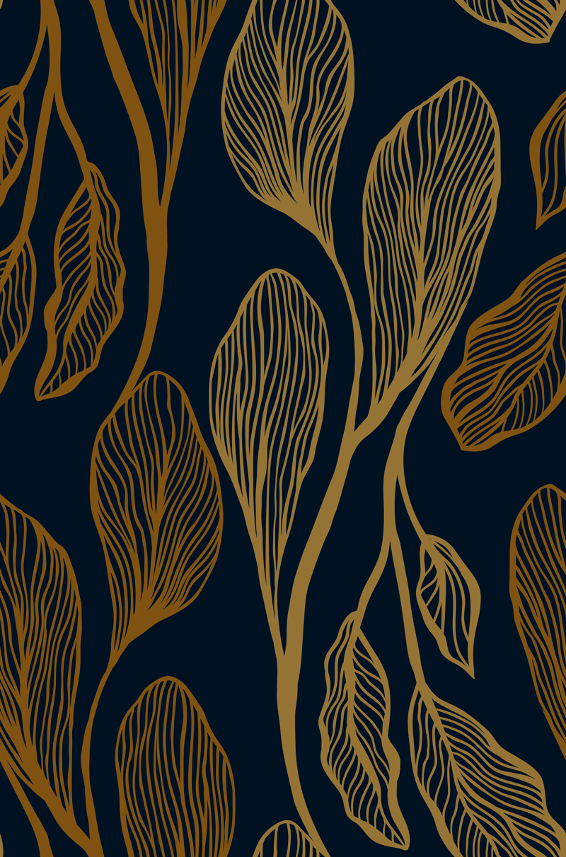 Duże, podłużne, beżowe liście na granatowym tle