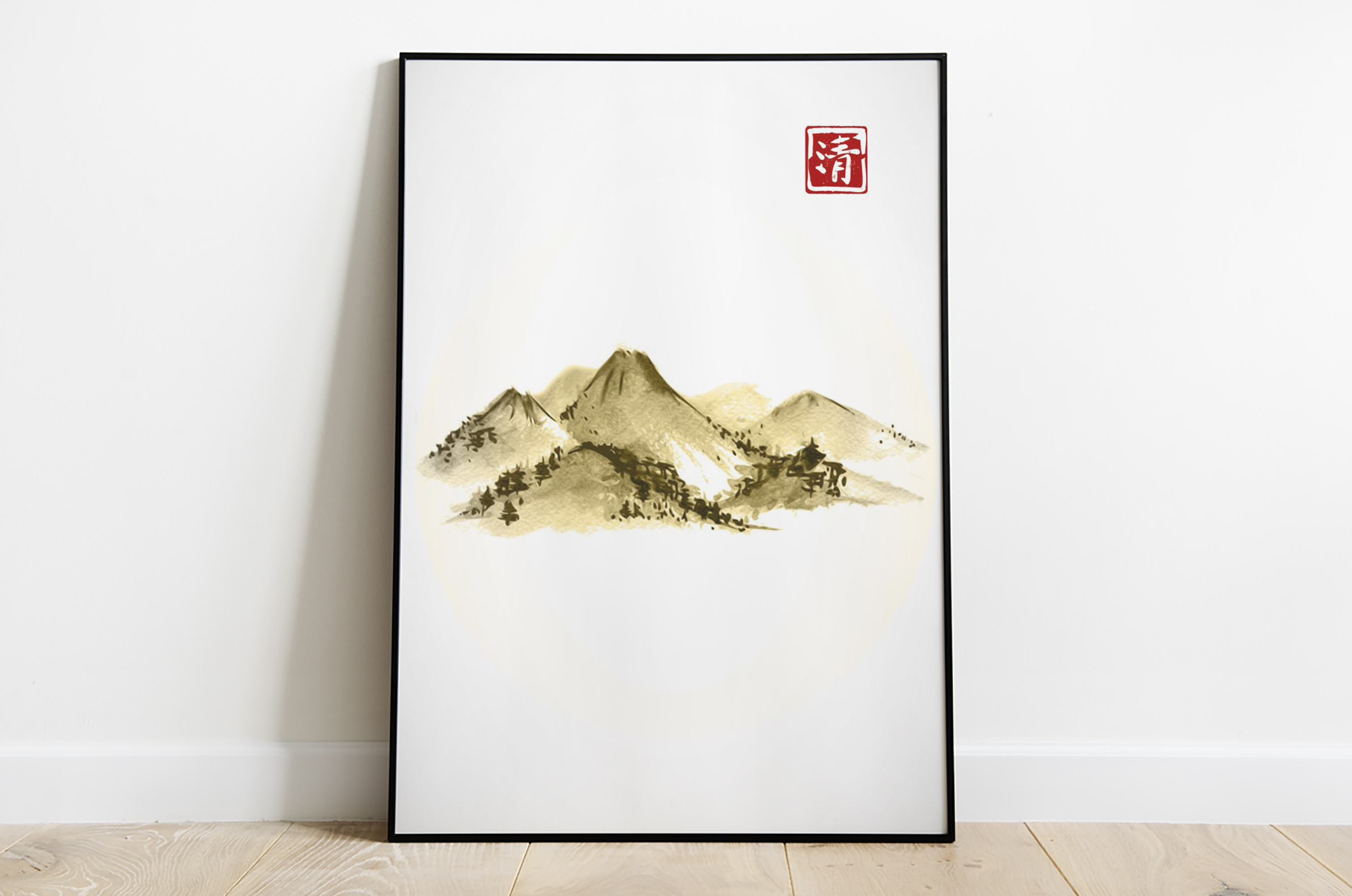 Japońska rycina - panorama gór w sepii