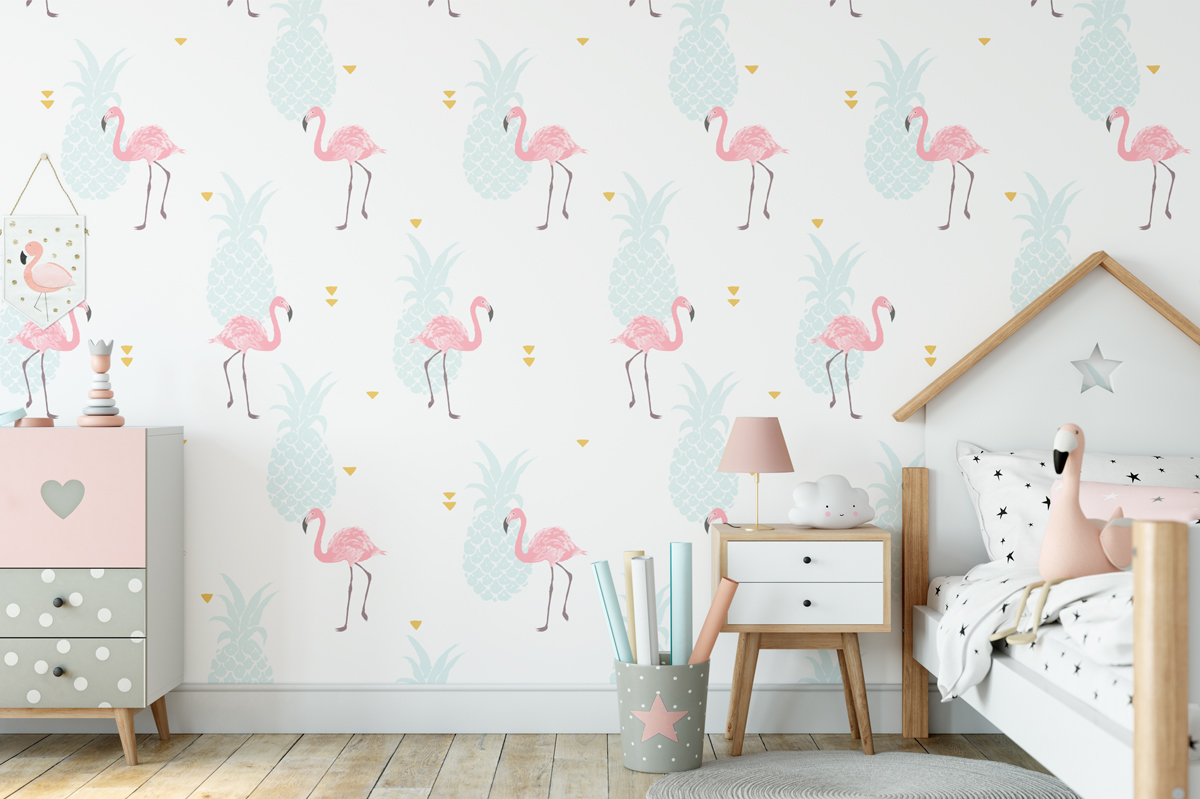 Tapeta - Ananasy i flamingi - fototapeta.shop