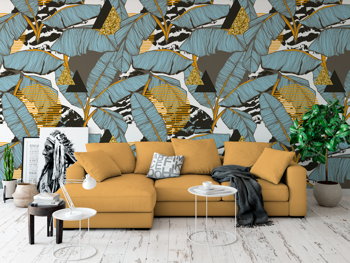 Tapeta - Niebieskie bananowce i trójkąty - fototapeta.shop