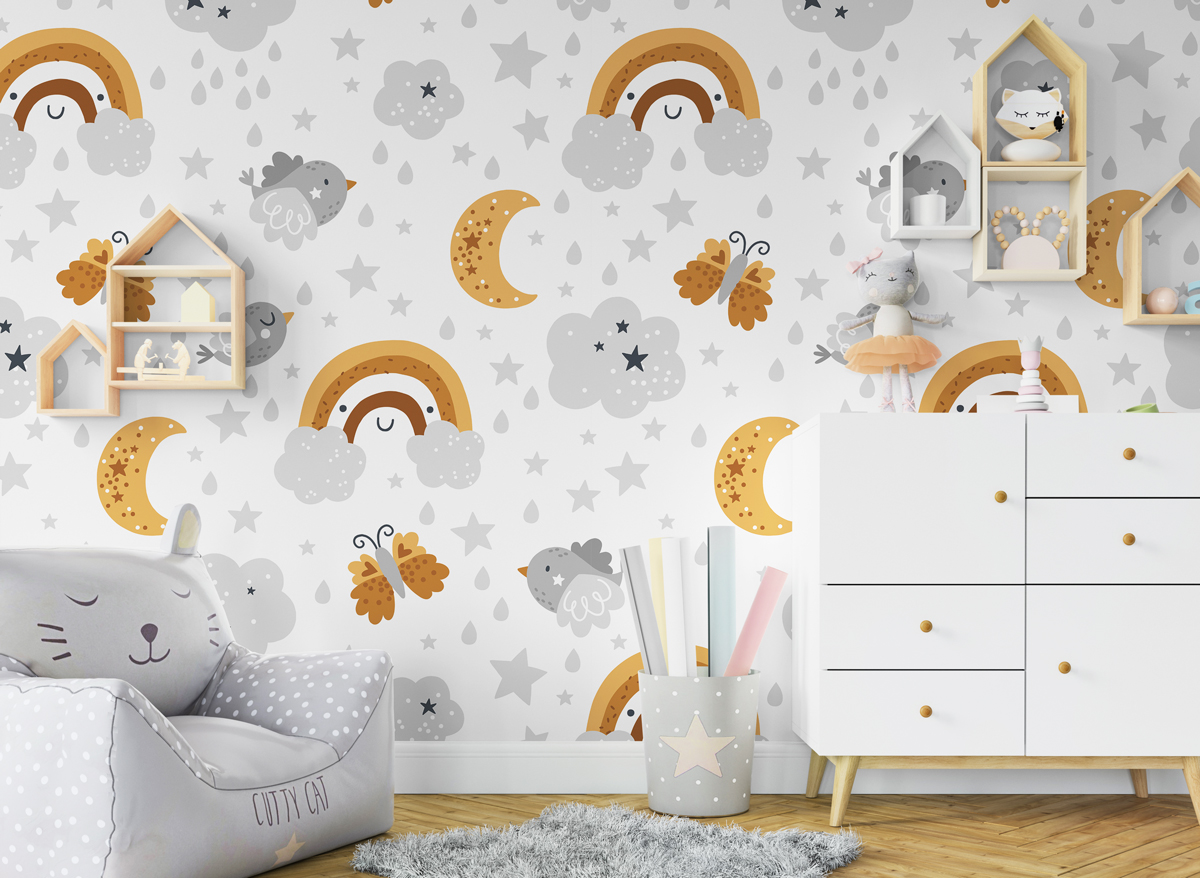 Tapeta - Żółte tęcze i szare chmurki - fototapeta.shop
