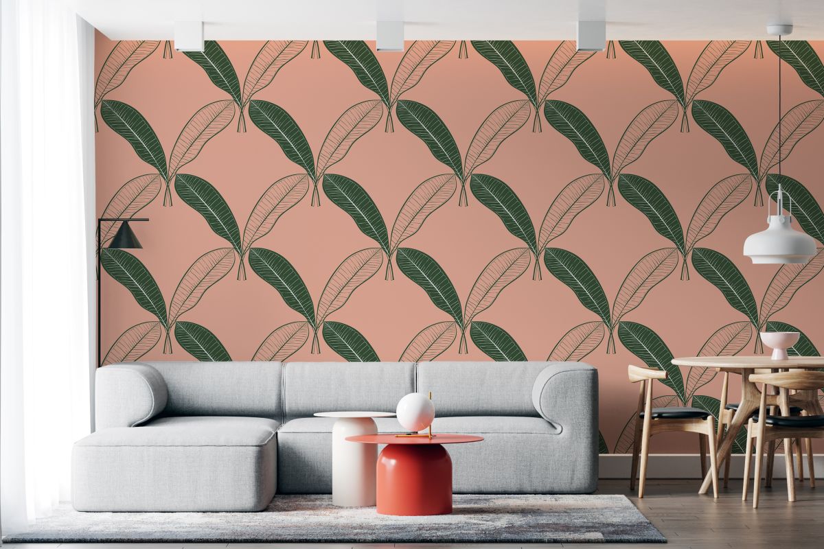Tapeta - Zielone liście bananowca na łososiowym tle - fototapeta.shop