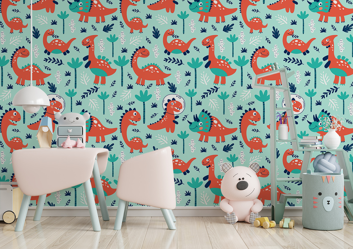 Tapeta - Dinozaury na zielonym tle - fototapeta.shop
