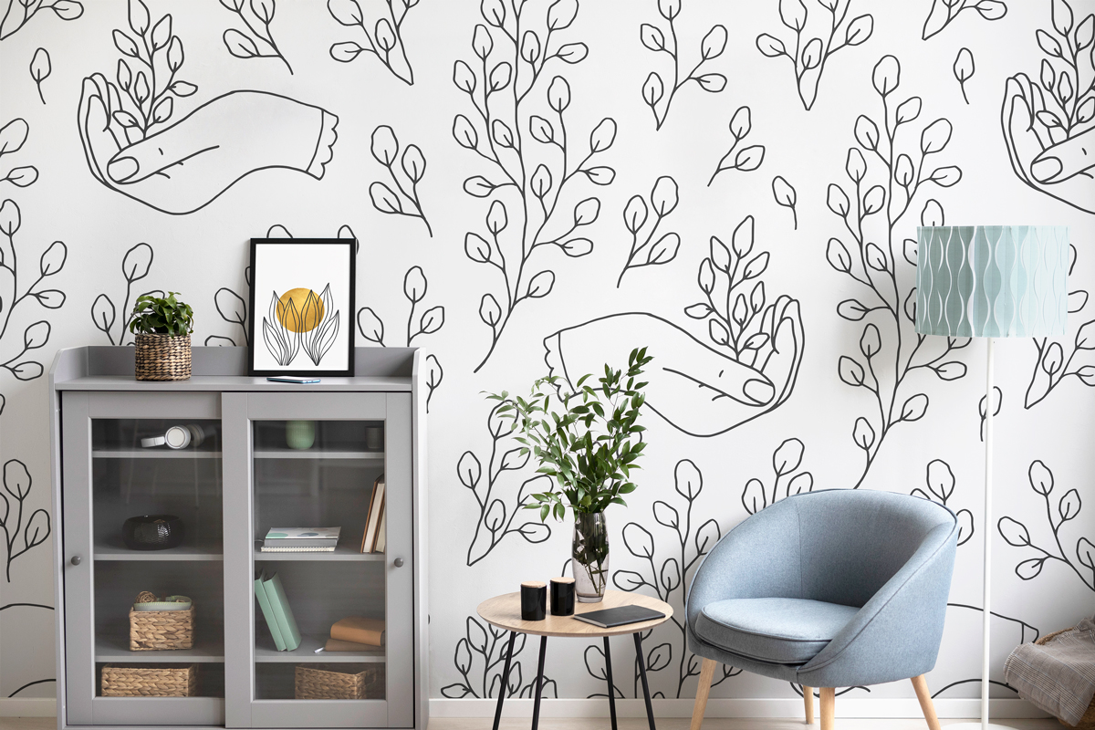 Tapeta - Drobny szkic listków na dłoni - fototapeta.shop