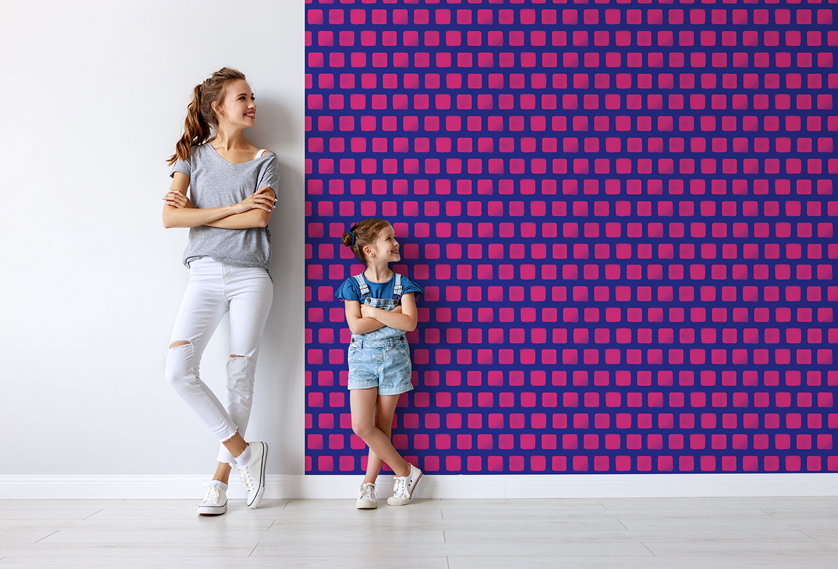 Tapeta - Różowe kwadraty na niebieskim tle - fototapeta.shop