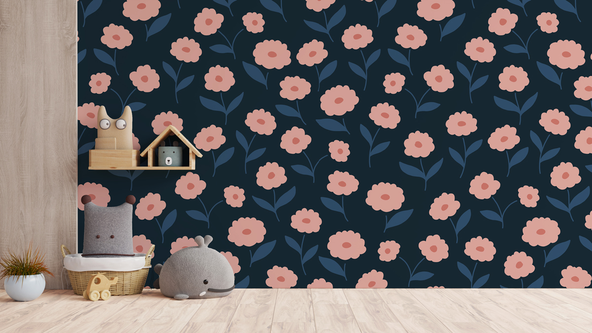 Tapeta - Różowe kwiatuszki na granatowym tle - fototapeta.shop