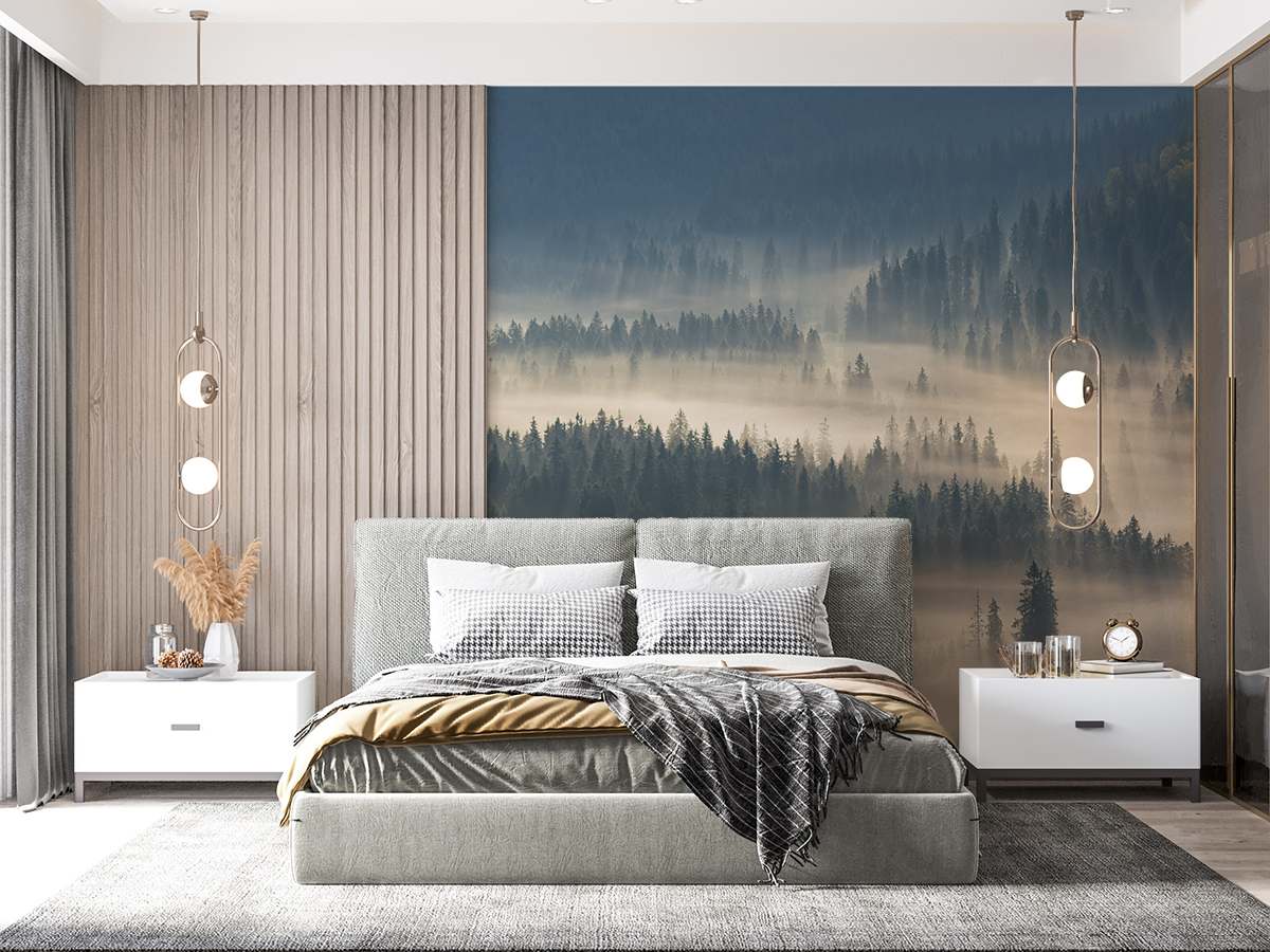 Fototapeta - Promienie słońca nad mglistym lasem - fototapeta.shop