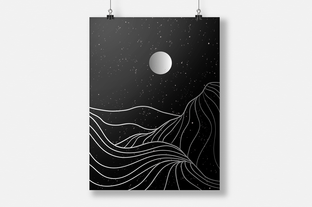 Plakat - Grafika ze srebrnym księżycem - fototapeta.shop