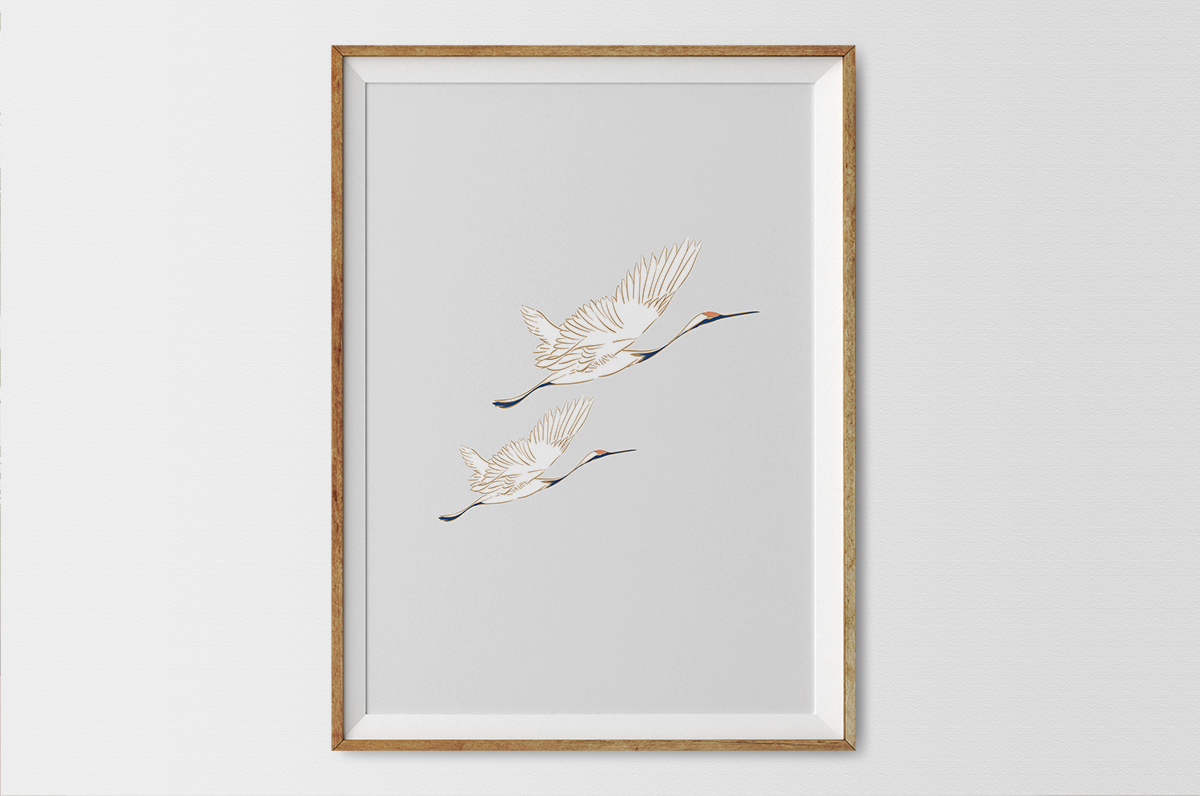 Plakat - Białe żurawie na szarym tle - fototapeta.shop