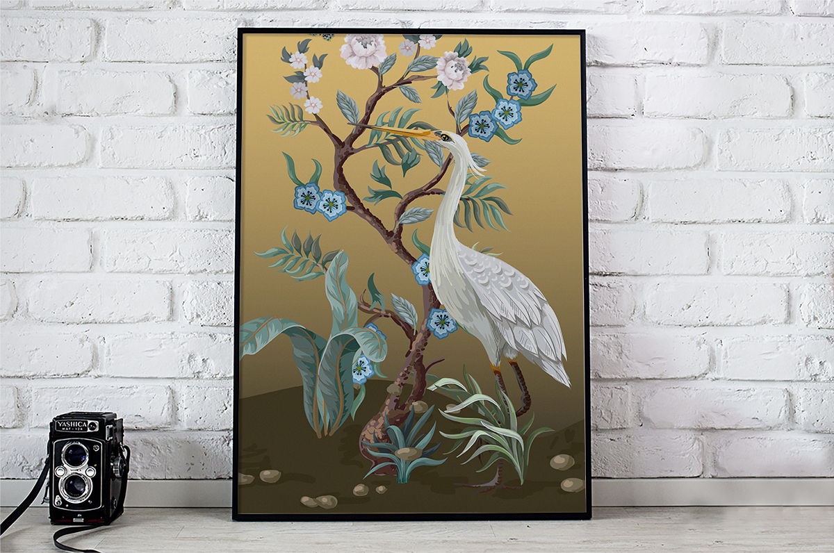 Plakat - Biała czapla na tle w kolorze złota - fototapeta.shop