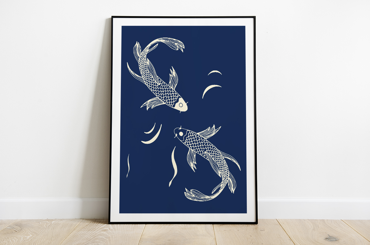 Beżowe, szkicowane ryby na granatowym tle