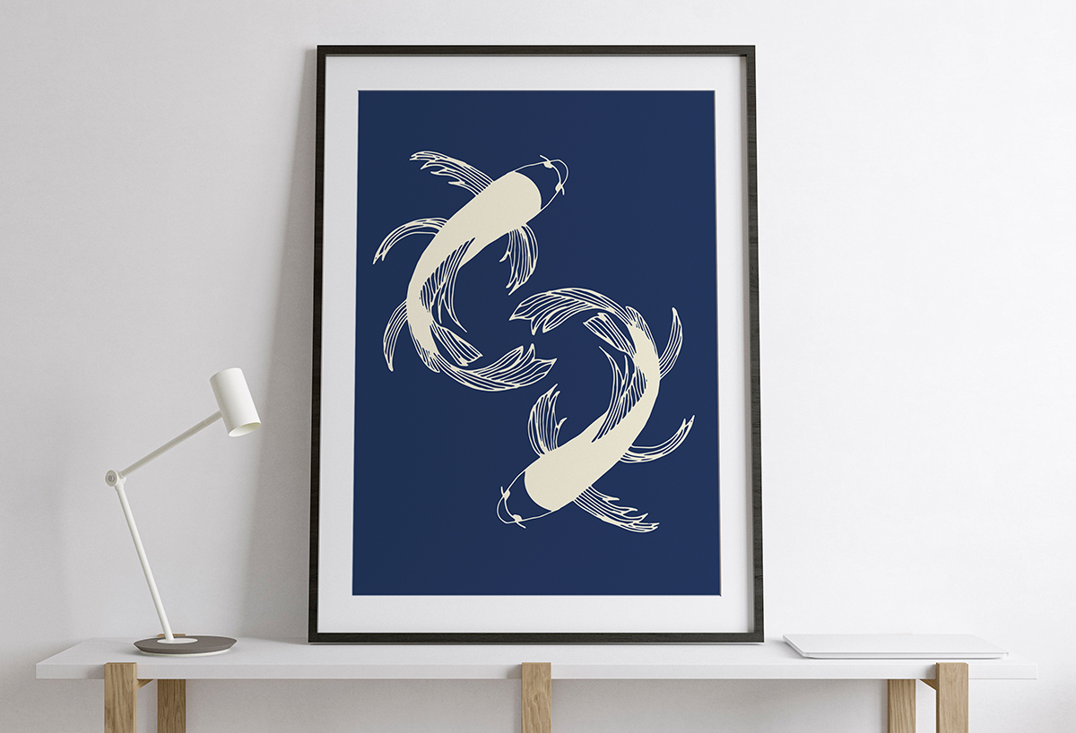 Plakat - Japońskie ryby na granatowym tle - fototapeta.shop