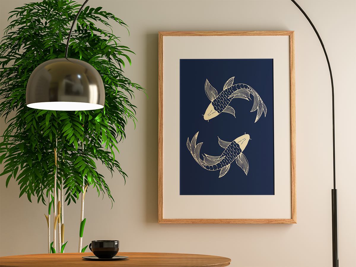 Plakat - Japońskie karpie na granatowym tle - fototapeta.shop