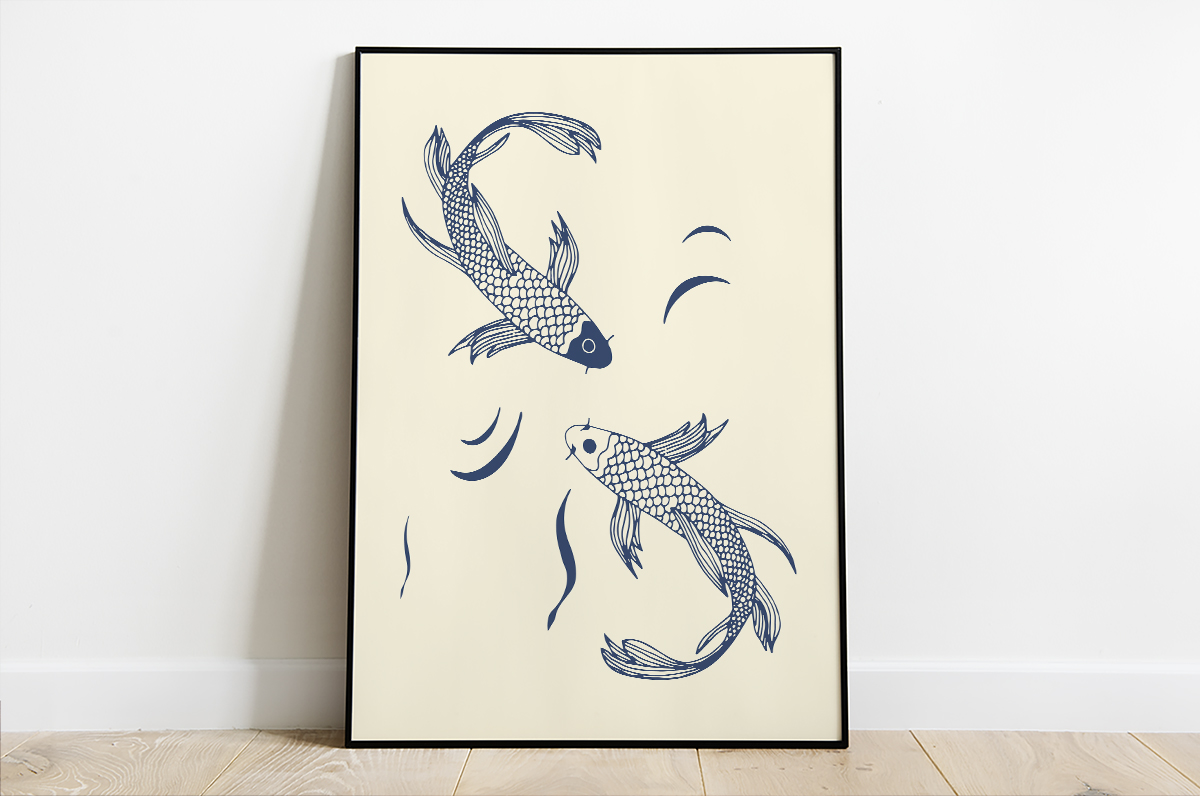 Granatowe, japońskie karpie na beżowym tle