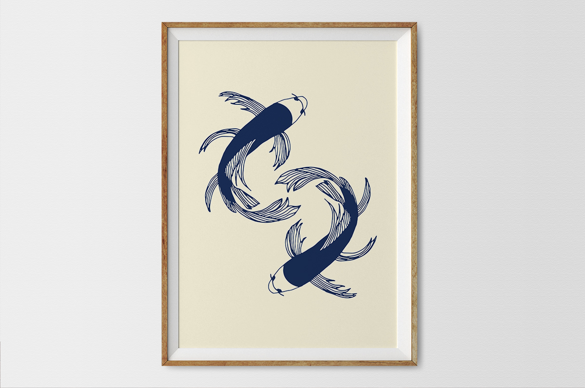 Granatowe ryby na beżowym tle