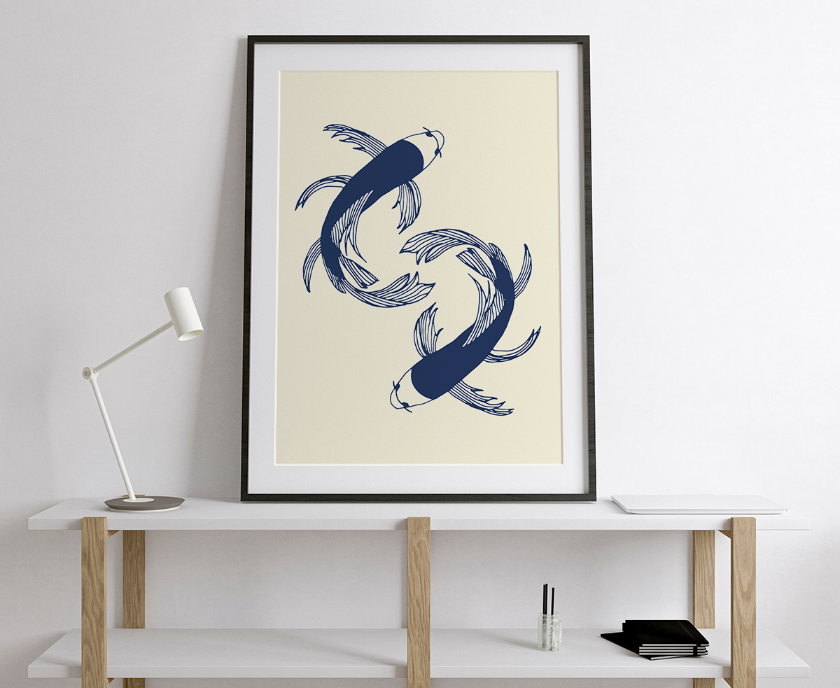 Plakat - Granatowe ryby na beżowym tle - fototapeta.shop