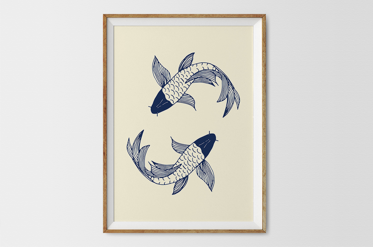 Granatowy szkic ryb na beżowym tle