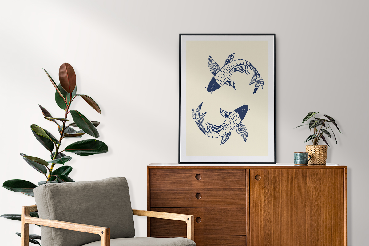 Plakat - Granatowy szkic ryb na beżowym tle - fototapeta.shop