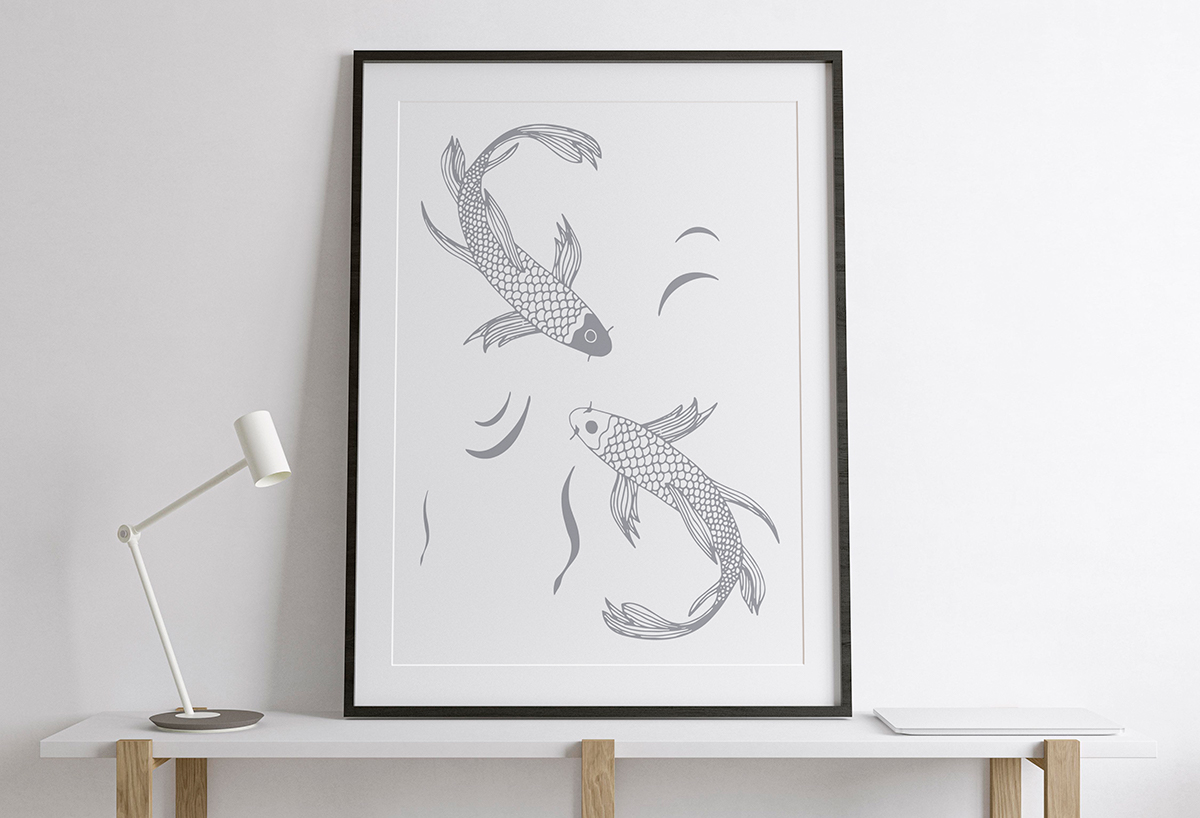 Szary szkic ryb na białym tle