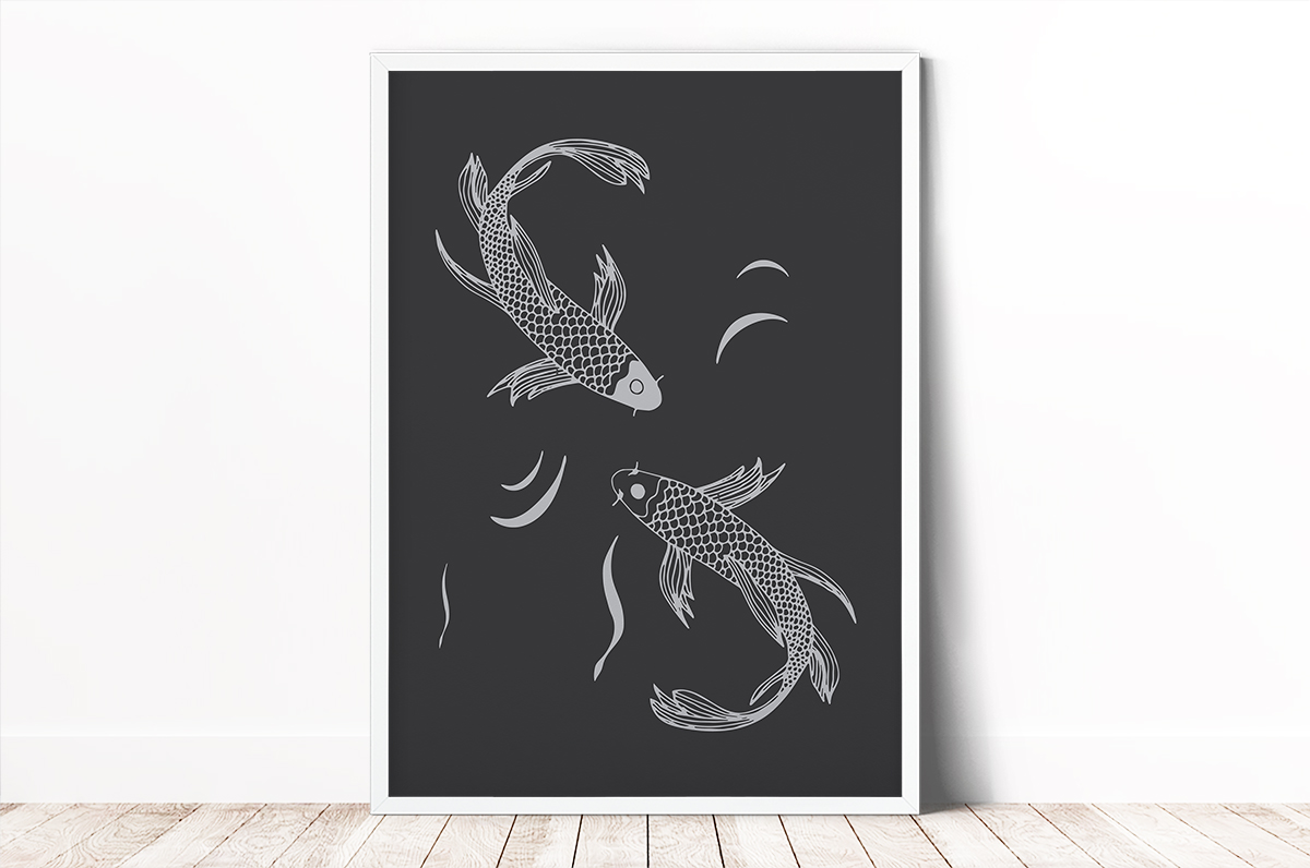 Szary szkic ryb na grafitowym tle