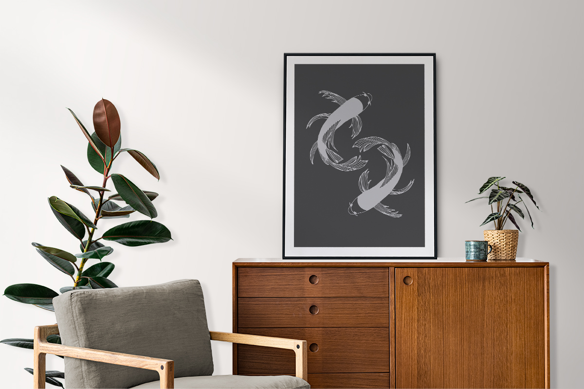 Plakat - Japońskie ryby na grafitowym tle - fototapeta.shop