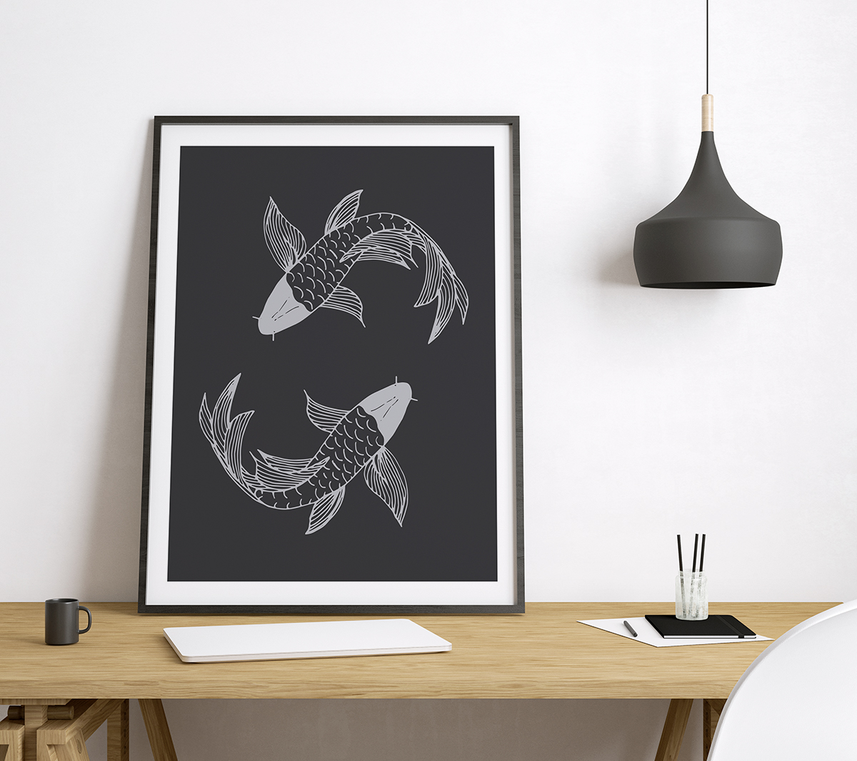 Plakat - Szare, szkicowane ryby na grafitowym tle - fototapeta.shop
