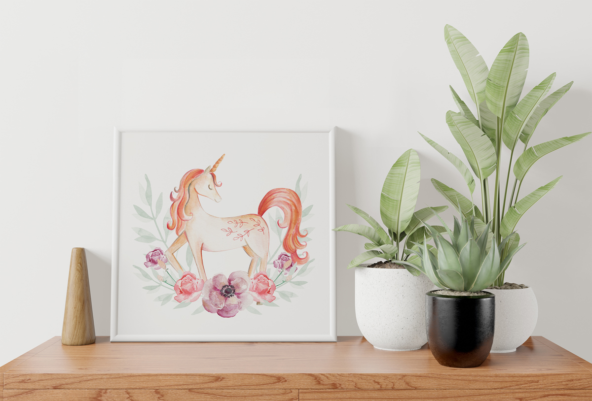 Plakat - Pastelowy jednorożec i kwiaty - fototapeta.shop