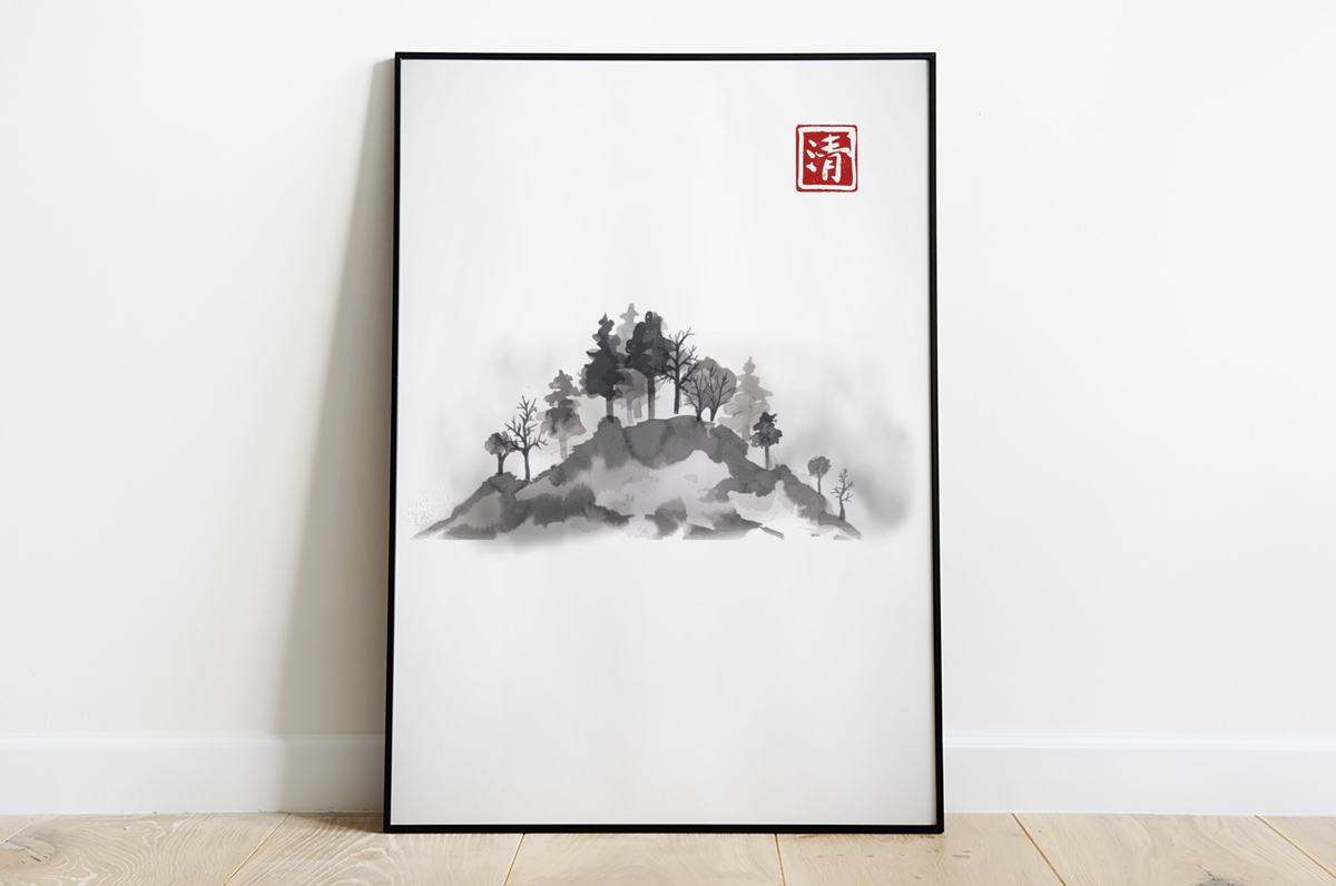 Japońskie ryciny - drzewa na szczycie góry