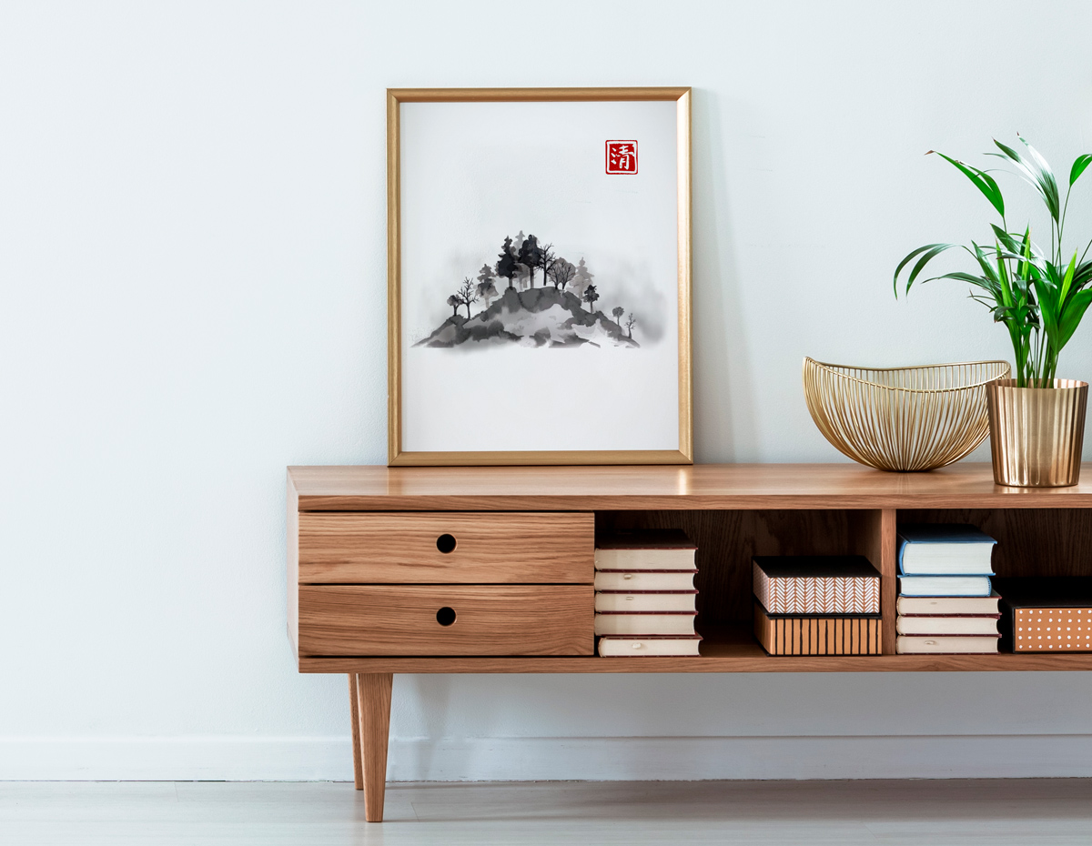 Plakat - Japońskie ryciny - drzewa na szczycie góry - fototapeta.shop