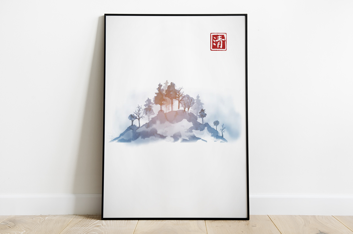 Japońskie ryciny - zalesiony szczyt w kolorze