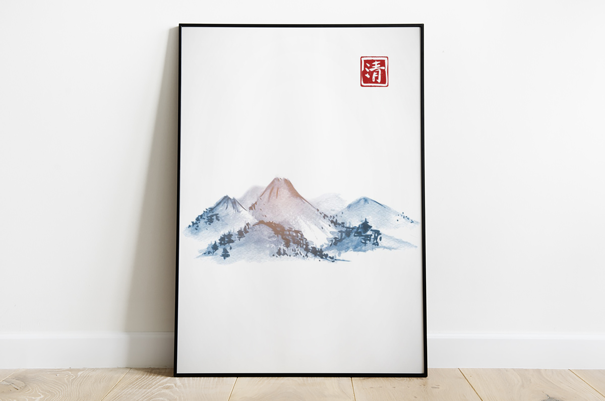 Japońska rycina - góry w niebiesko-różowym odcieniu