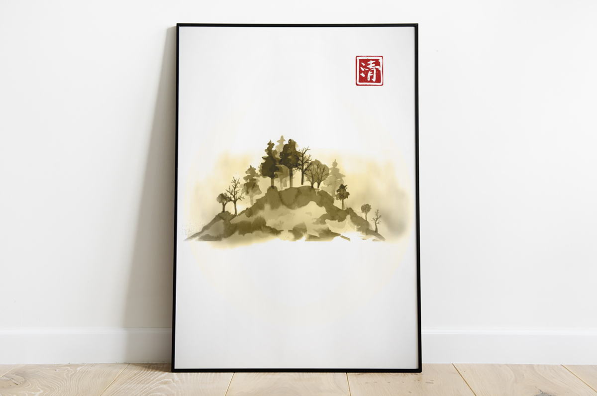 Japońskie ryciny - zalesiony szczyt w sepii