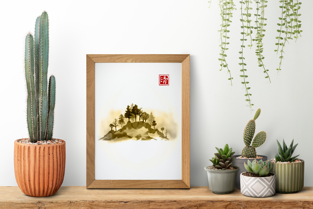 Plakat - Japońskie ryciny - zalesiony szczyt w sepii - fototapeta.shop