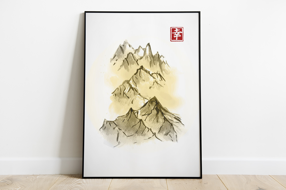 Japońskie ryciny - szczyty górskie sepia